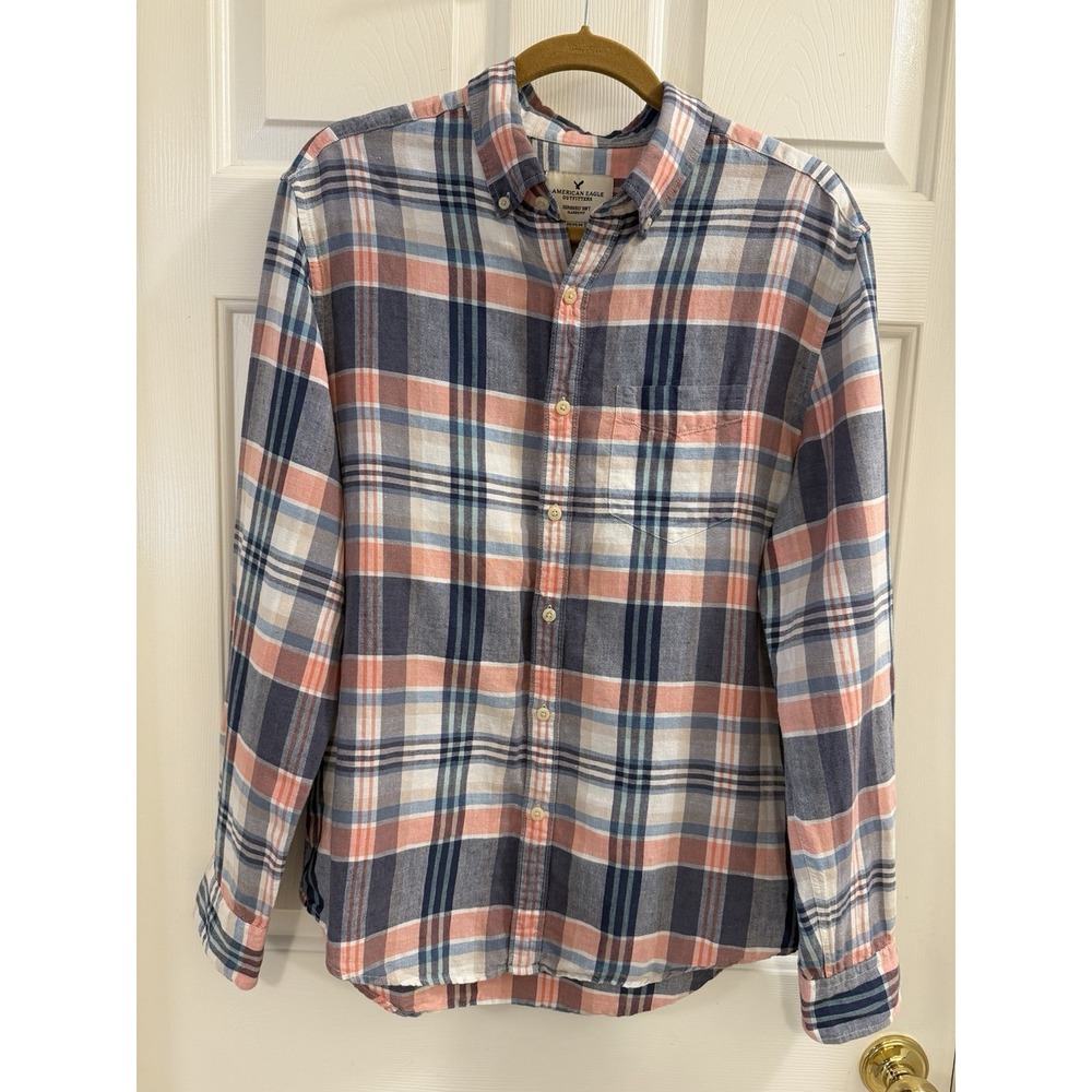 American Eagle Seriously Soft Men's M Linen Cotton Plaid Button-Down Long Sleeve